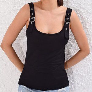 Black Buckle-Strap Tank, S, NWT, Unique find!